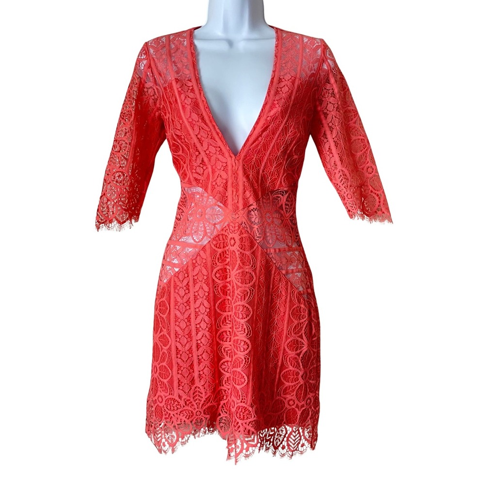 For Love & Lemons Dress Womens Small Coral Pink Lyla Floral Lace Mini 3/4 Sleeve